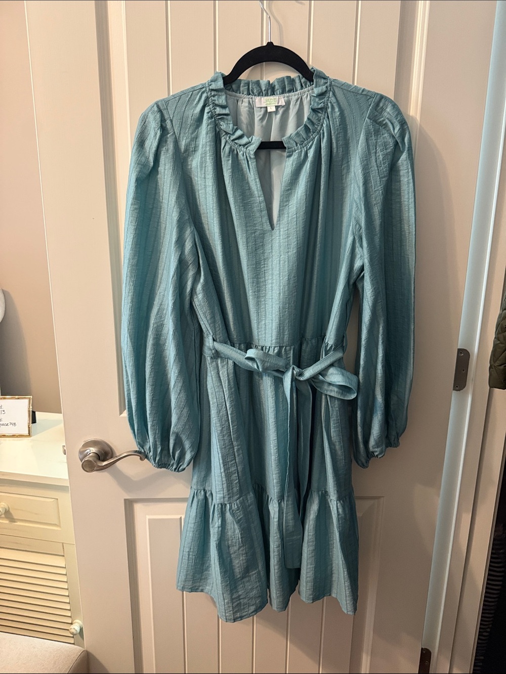 Ruffled Neck Long Sleeve Teal Tie-Waist Dress
